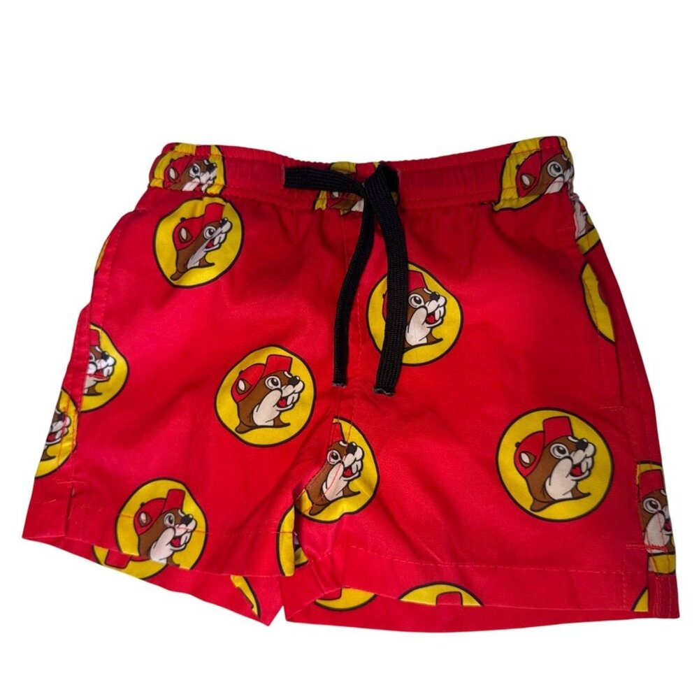 Buc-Ees Boys Swim Trunks Sz 2T Red Beaver Graphic Print Logo Novelty Texas Gas